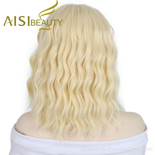 Aisi Beauty Silky Cheap Afro Body Wave Naturel Blonde Machine Made U Part Bob Cut For Women Short Wigs Synthetic Lace Front